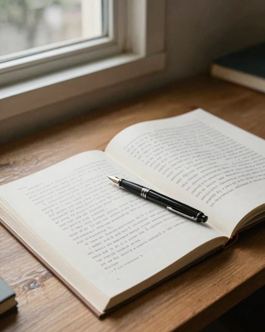 editorial photography, soft window daylight, paper-and-ink neutrals, quiet reading mood, natural grain, 35mm lens. Top-d